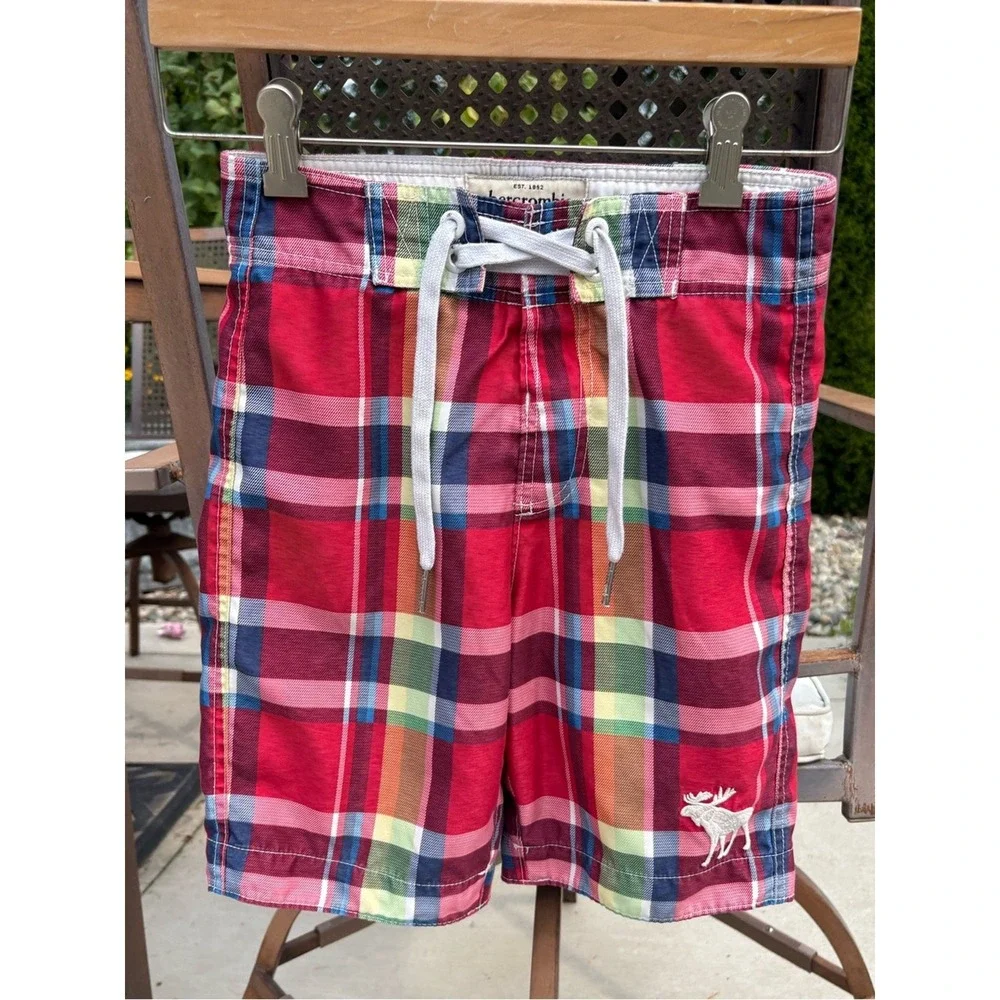 Kids Abercrombie & Fitch Red Plaid Swim Trunks in Size S